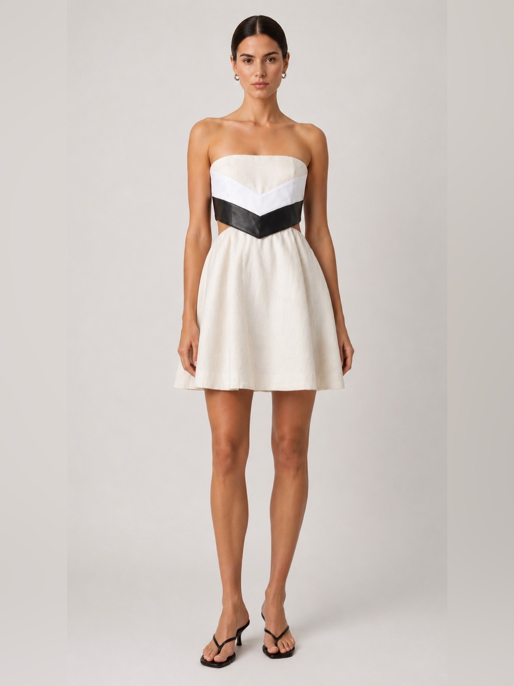 Staud Strapless Colorblock Linen Mini Dress Ivory Beige Black Flare Skirt. XS